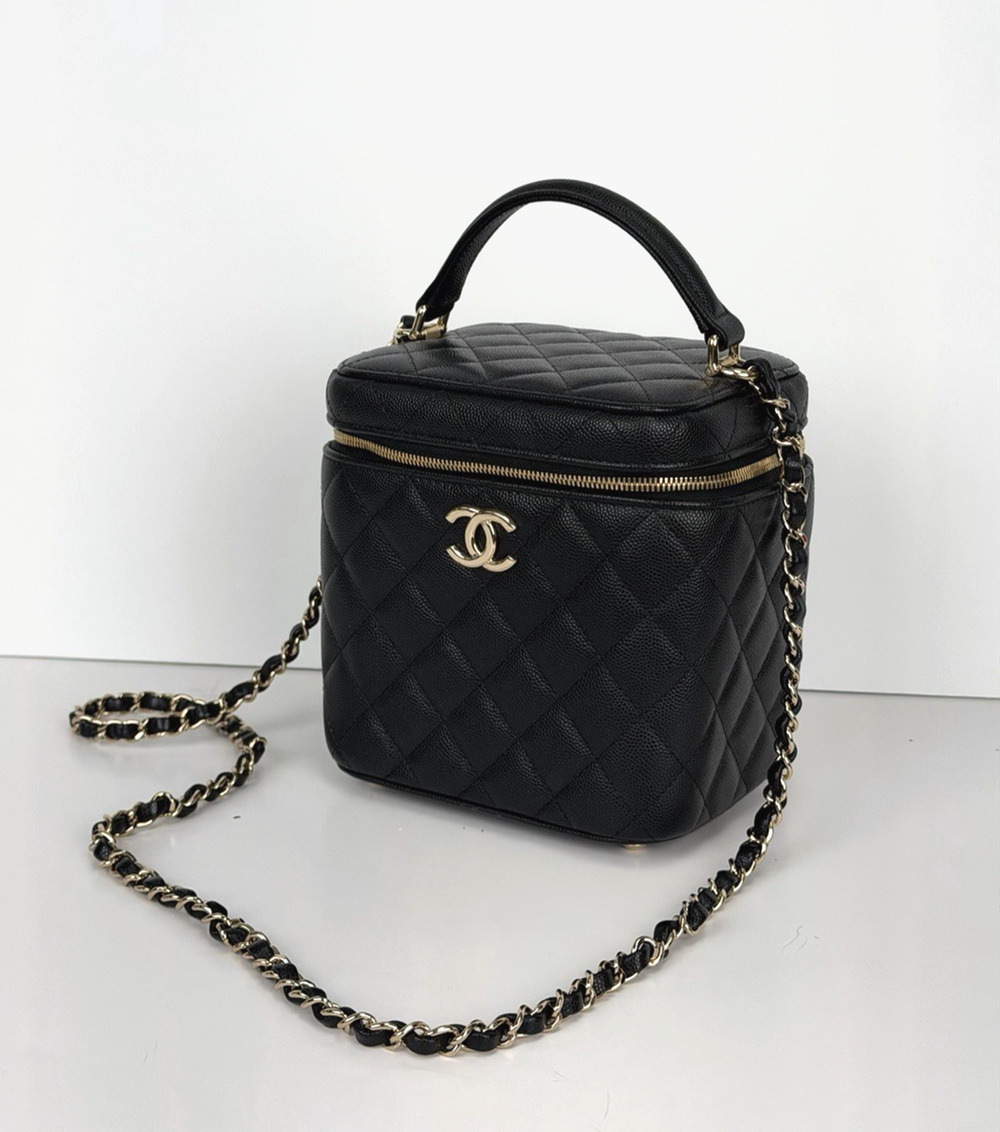 Chanel Vanity Case Top Handle Crossbody Bag Black Quilted Caviar Leather NFC F3